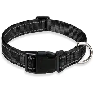 Reflective Dog Collar with Buckle Adjustable Safety Nylon Collars for Small Medium Large Dogs, Black M BOOMIBOO