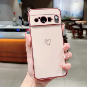Minimalist electroplated heart phone case for Google Pixel 8 Pro, four-corner shockproof and dustproof, Google Pixel 10 Pro XL straight-edge eye-protection full-cover soft case 9A