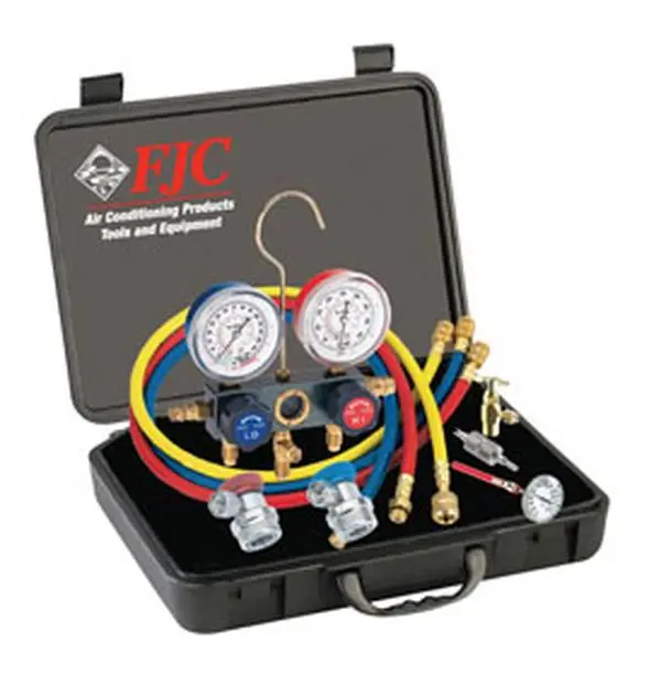 FJC 6785 R134A Aluminum Manifold Gauge Set with Tool Assortment, Thermometer, Bimetal Pocket Thermometer, Diaphragm Repair Kit, 72 in. Charging Hoses, R134A Can Tap
