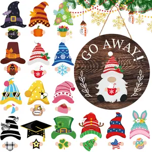 DIY GO AWAY Gnome Wooden Door Sign, Interchangeable Magnetic Detachable Hats Seasonal Ornaments, Door Wall Hanging Home Decor for Holiday