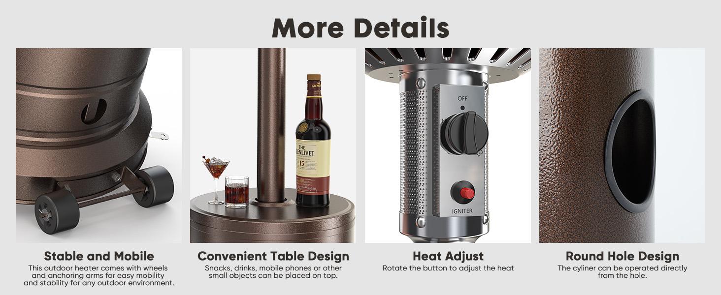 48,000 BTU Propane Heater Outdoor Patio Heaters , Patio Heater Deck Porch for Outdoor Use Camping Backyard Commercial with heels, Double-Layer Stainless Steel Burner, 87" H