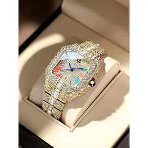 Elegant Iced Out Statement Watch with Roman Numerals, Unisex Moissanite Quartz Dress Wristwatch, Waterproof for Business & Casual Wear, Casual Trendy Wristwatch