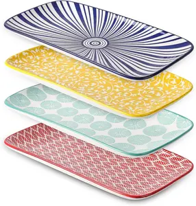 Ceramic Rectangular Salad Plates Set, Dinner Plate 9.4 Inch Dessert Plates for Party Entertaining, Small Serving Plates for Appetizers, Sushi, Fruit, Set of 4, Assorted Colors