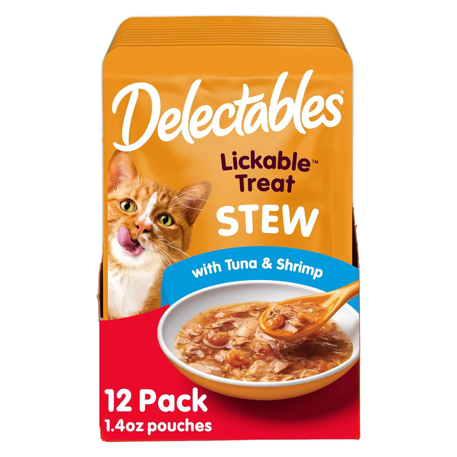 Delectables Lickable Treat Stew Wet Cat Treat with Real Tuna & Shrimp, Food Topper, Hydrating, Grain-Free, No Fillers, No By-Products, No Added Preservatives, 1.4oz Pouch, 12ct