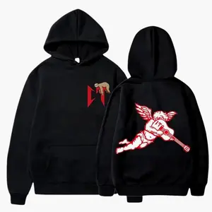 Red Cherub Playing Guitar Hoodie, Black Unisex Pullover, Big Back Graphic