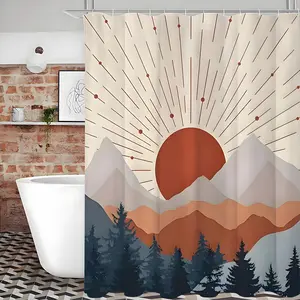 1pc Mountain Lake Sunset Pattern Shower Curtain Plus Hooks - Waterproof, Machine Washable Polyester Fabric - Abstract Landscapes Bathroom Decor for Windows and removable weight hotel style room non-slip floral curtain cortina rustic Multicoloured Set