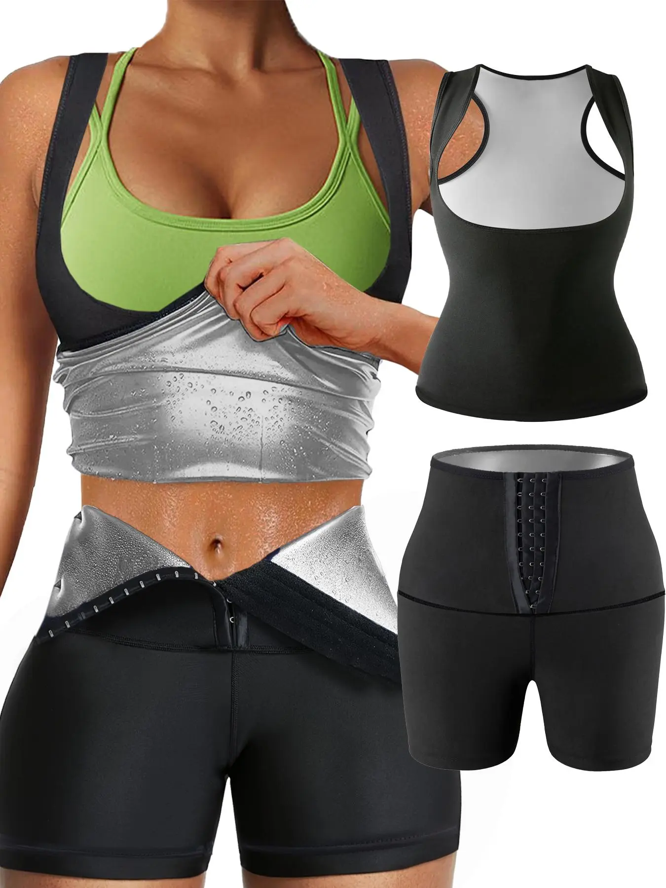 Women's Sauna Tank Top & High Waist Shorts Sauna Suit, Breathable Comfortable Sporty Plain Sports Top & Skinny Shorts, Ladies Sportswear for Indoor Outdoor Wear Sweat Sauna Suit, Sauna Jogging Set