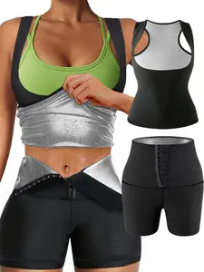 Women's Sauna Tank Top & High Waist Shorts Sauna Suit, Breathable Comfortable Sporty Plain Sports Top & Skinny Shorts, Ladies Sportswear for Indoor Outdoor Wear Sweat Sauna Suit