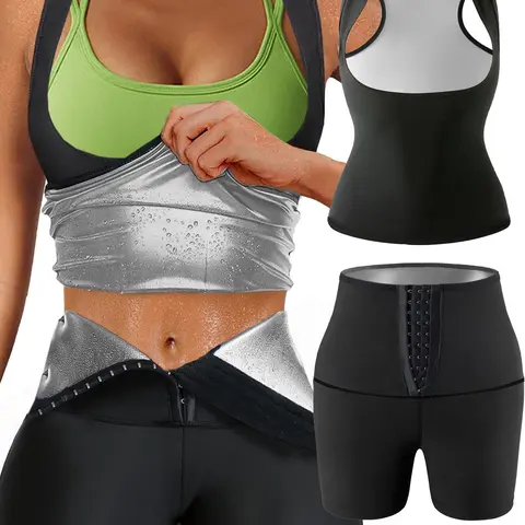 Women's Sauna Tank Top & High Waist Shorts Sauna Suit, Breathable Comfortable Sporty Plain Sports Top & Skinny Shorts, Ladies Sportswear for Indoor Outdoor Wear Sweat Sauna Suit, Sauna Jogging Set