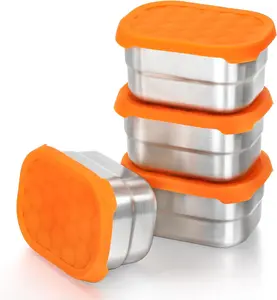 4 Pack Stainless Steel Containers, 8 OZ Small Snack Container with Silicon Lids, Leakproof Sauce Dip Containers, Kids Lunch Box Food Container for School, Picnics, Camping Trips, Rectangle