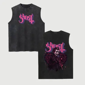 Ghost Band Unisex Vintage Washed Cotton Vest, Retro Band Print Sleeveless Shirt, Casual Regular Fit, Perfect Boyfriend Gift