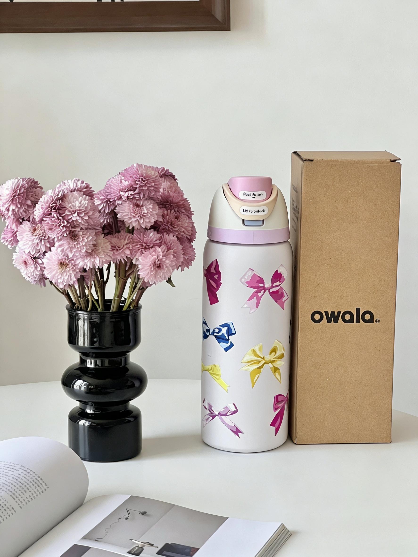 Owala 32oz Insulated Stainless Steel  Bottle, Leak-Proof BPA-Free with Lift-to-Unlock Straw Lid, Cute Coquette Bow Print Reusable Flask for School & Travel Drinkware Bottled Portable Tumbler Mug hot double-walled elegant coffee mug  bottle water Plaid
