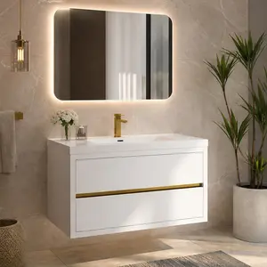 ARCH 42-Inch Wall-Mounted Bathroom Vanity with Sink, Floating Storage Cabinet, Stone Resin Countertop, Soft-Close Drawers, Fully Assembled, Glossy White, Modern Bathroom Furniture, Wall-Hung Vanity Cabinet for Bathroom Organization