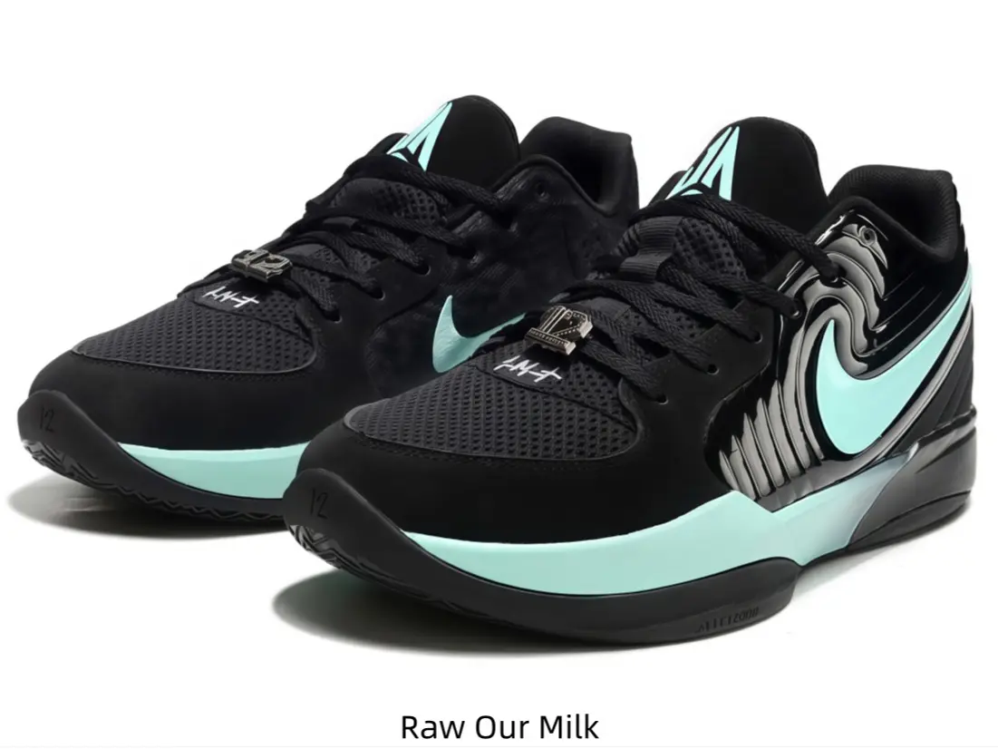 These matte black athletic shoes with mint turquoise accents deliver sturdy lateral ankle wrapping during pickup basketball games, resilient midsole cushioning relieves joint strain from sharp sideways sprints and repeated indoor hard-court jumps.