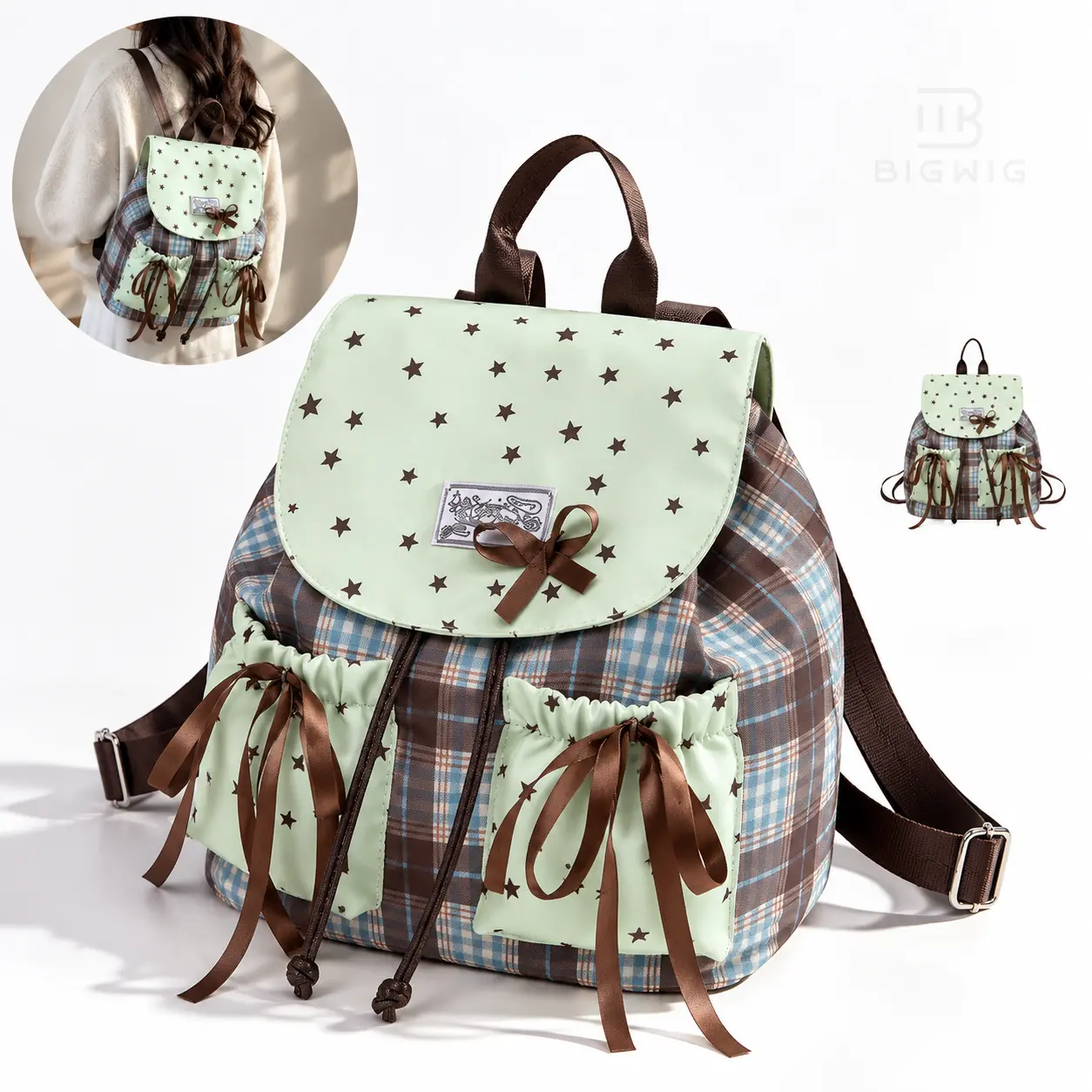 Women's Vintage School Style Backpack - Mint Green Bowknot, Soft Fabric, Medium Stiffness, Internal Phone Pocket, Large Versatile 2025 Winter Casual Daily Wear Teen Female Functional Bag