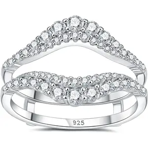 S925 Sterling Silver Curved Pave Moissanite 2-Piece Stackable Wedding Band Set, Bridal Guard & Promise Rings for Engagement Couples