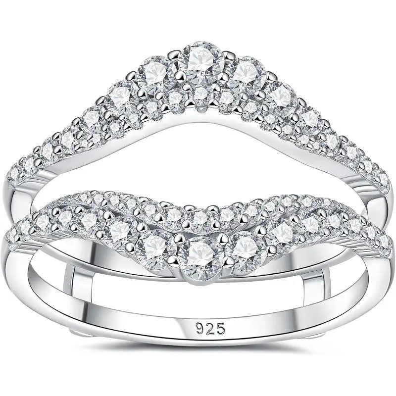 S925 Sterling Silver Curved Pave Moissanite 2-Piece Stackable Wedding Band Set, Bridal Guard & Promise Rings for Engagement Couples