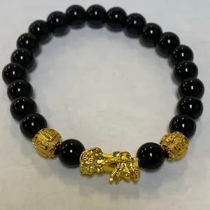 Dragon Unisex Bead Bracelet with Black Beads and Gold Accents for Men and Women