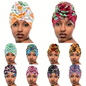 Elegant Women'S Floral Turban Headwrap: Vibrant Colors, Soft Polyester Fabric, And Comfortable Elastic Design For A Chic Look Floral Print Turban Hat With Flower, Boho Style Pre-Tied Head Wrap,
