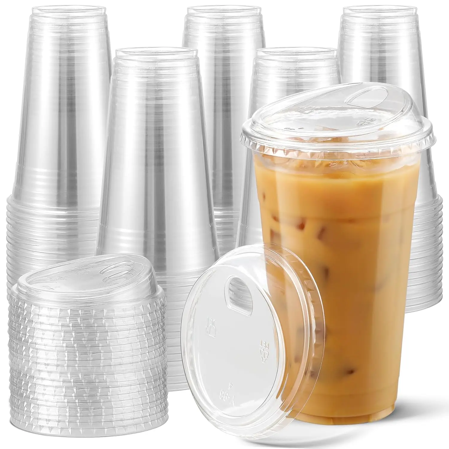 16oz-24oz Crystal Clear Plastic Cups with Strawless Sip-Lids – BPA-free, disposable cups with lids, ideal for iced coffee and on-the-go beverages.