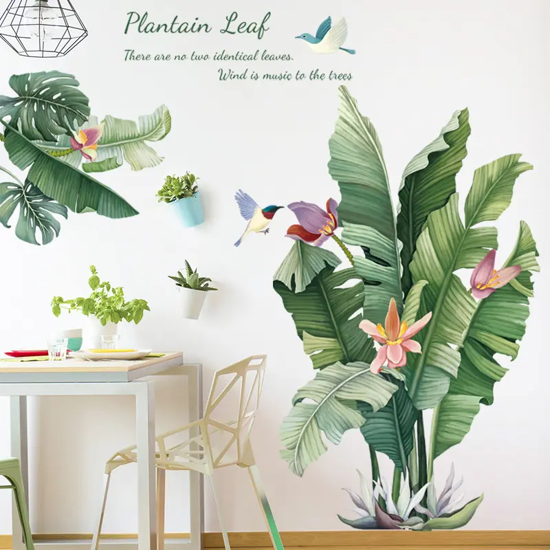 Birds and Green Plants Wall Decals, Plantain Leaves Wall Decals - Peel and Stick, Removable Wall Sticker