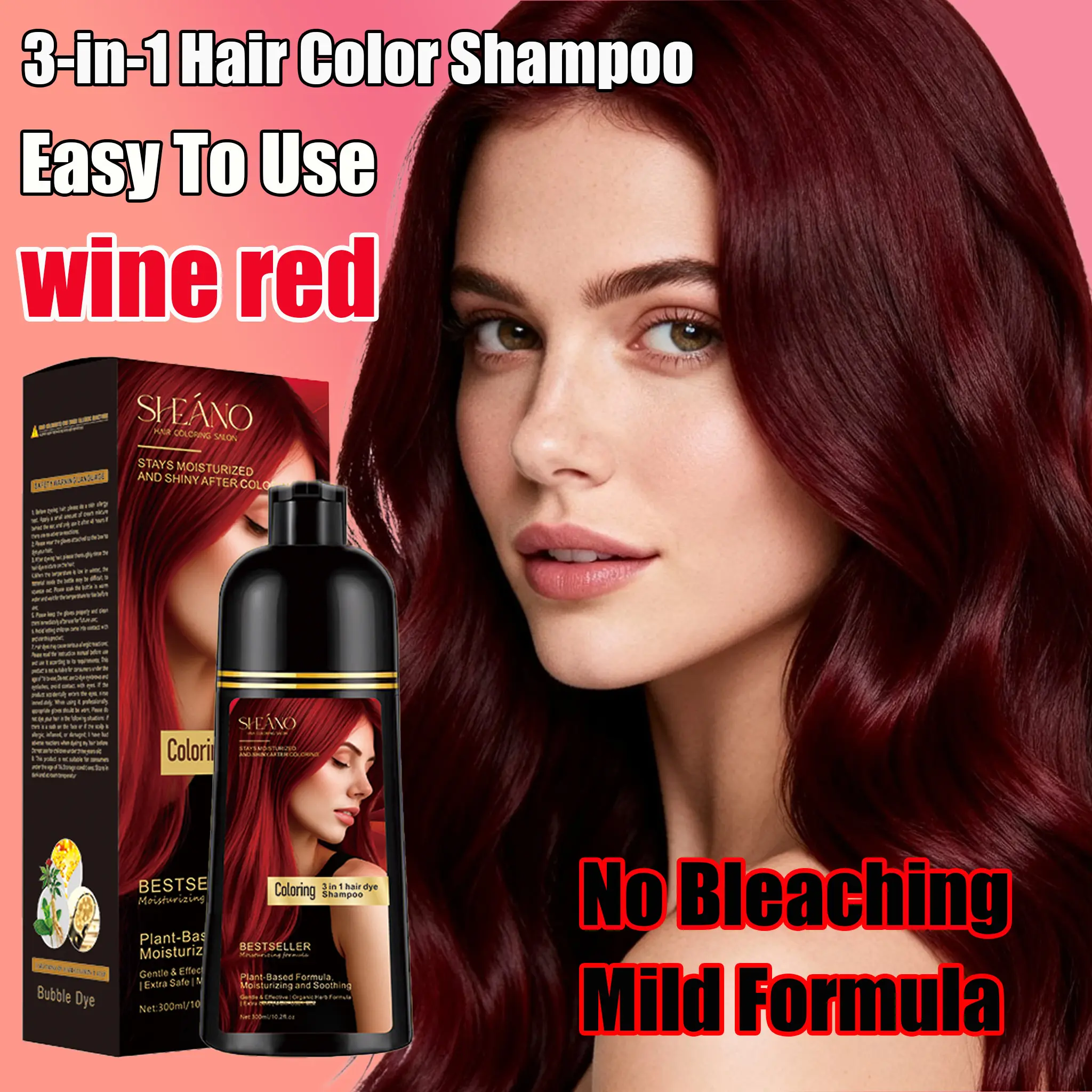 Wine Red | 3-in-1 Hair Dye Shampoo: Instantly Covers Gray Hair. One Wash = Dyeing + Conditioning + Cleansing.Instantly Transforms Gray Hair into a Chic, Wine-Red Look.No Bleaching Required, Gentle on Hair—Effortless Beauty, Even for the "Lazy"!