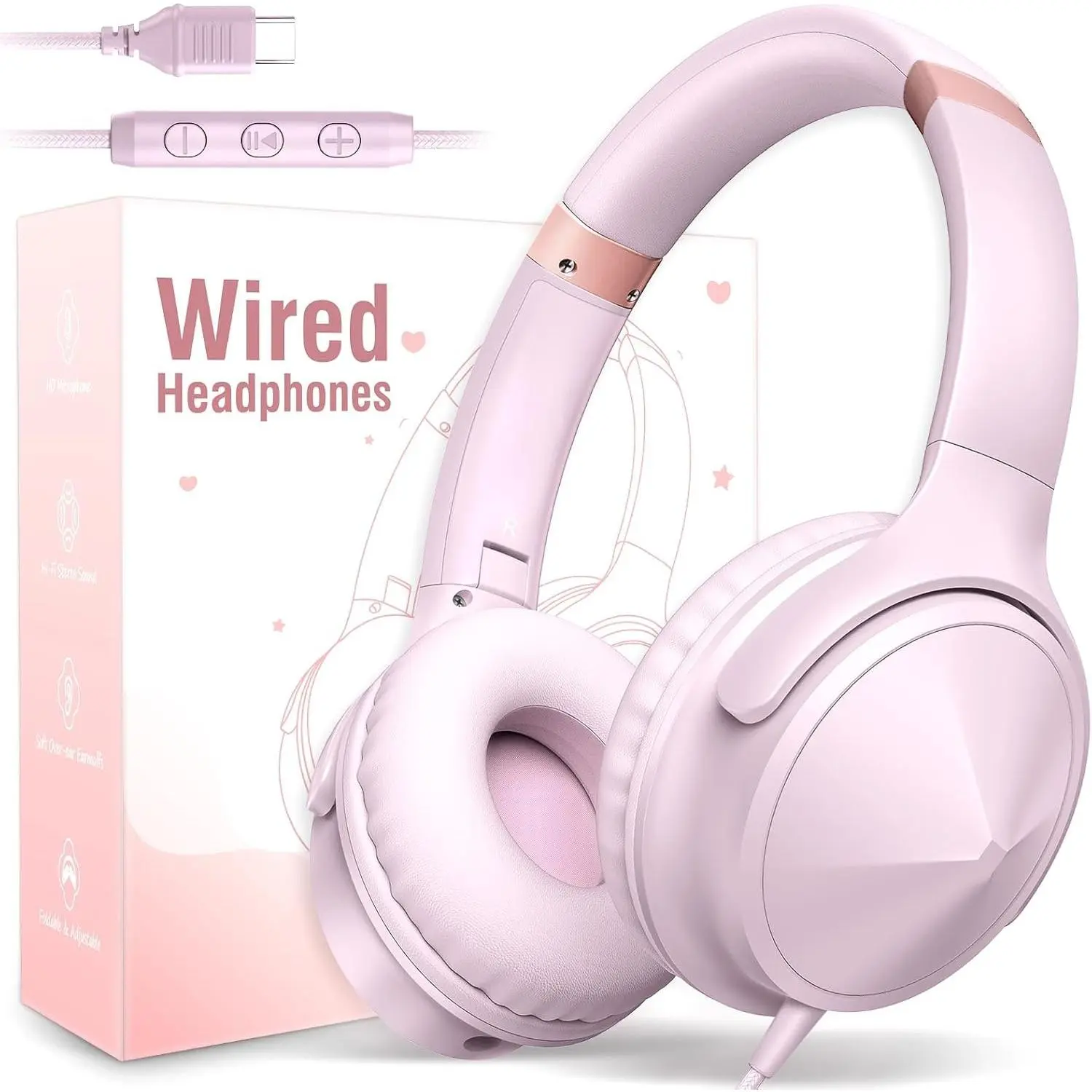 USB C Over Ear Headphones Wired, USB C Wired Headphones with Microphone, Volume Control,  Stereo Sound, Foldable & Lightweight USB Type C Headphone