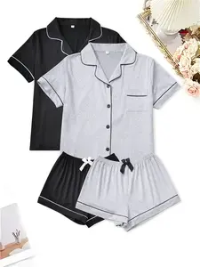 Women's Sleepwear Set Loungewear, Lapel Cardigan & Solid Color Short Sleeve Shorts, Four Seasons Comfortable Home Wear