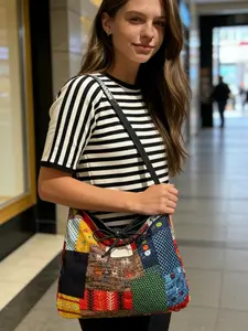 2026 New Girls' Practical Fabric Bag, Korean Style Artistic Dual-Sided Denim Bag, Graffiti Single Shoulder Crossbody Bag, Birthday Gift for Girls