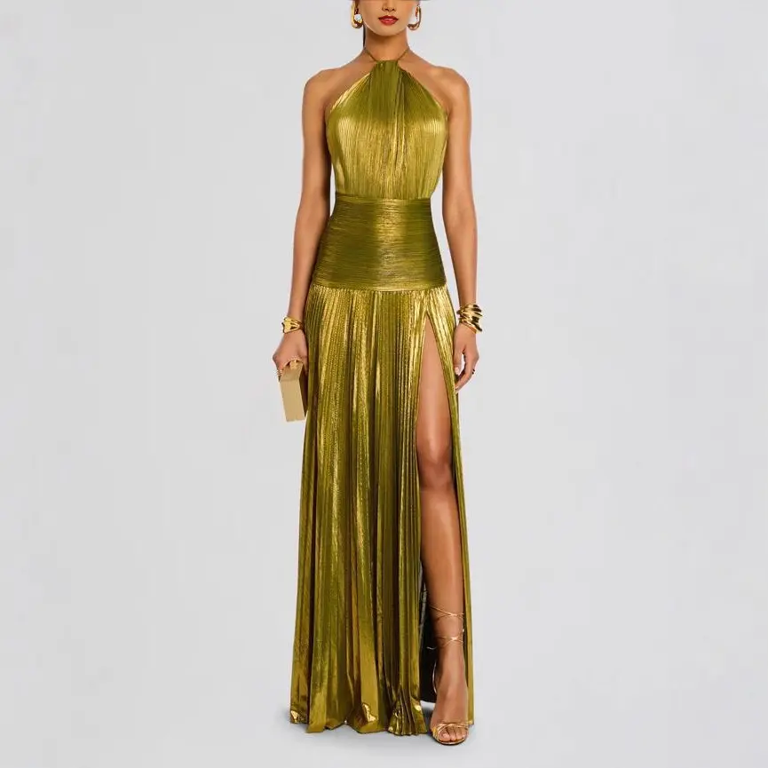 Women's Metallic Pleated Halter Neck Maxi Dress - Sleeveless, Backless, Slit Formal Gown, Formal Wear, Concert-Length, Dramatic, Halter-Strap, Sexy Party Dresses