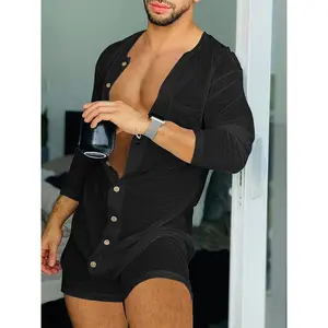 A Loose-Fitting Casual Sleepwear for Men, Featuring Solid Color Long Sleeves.