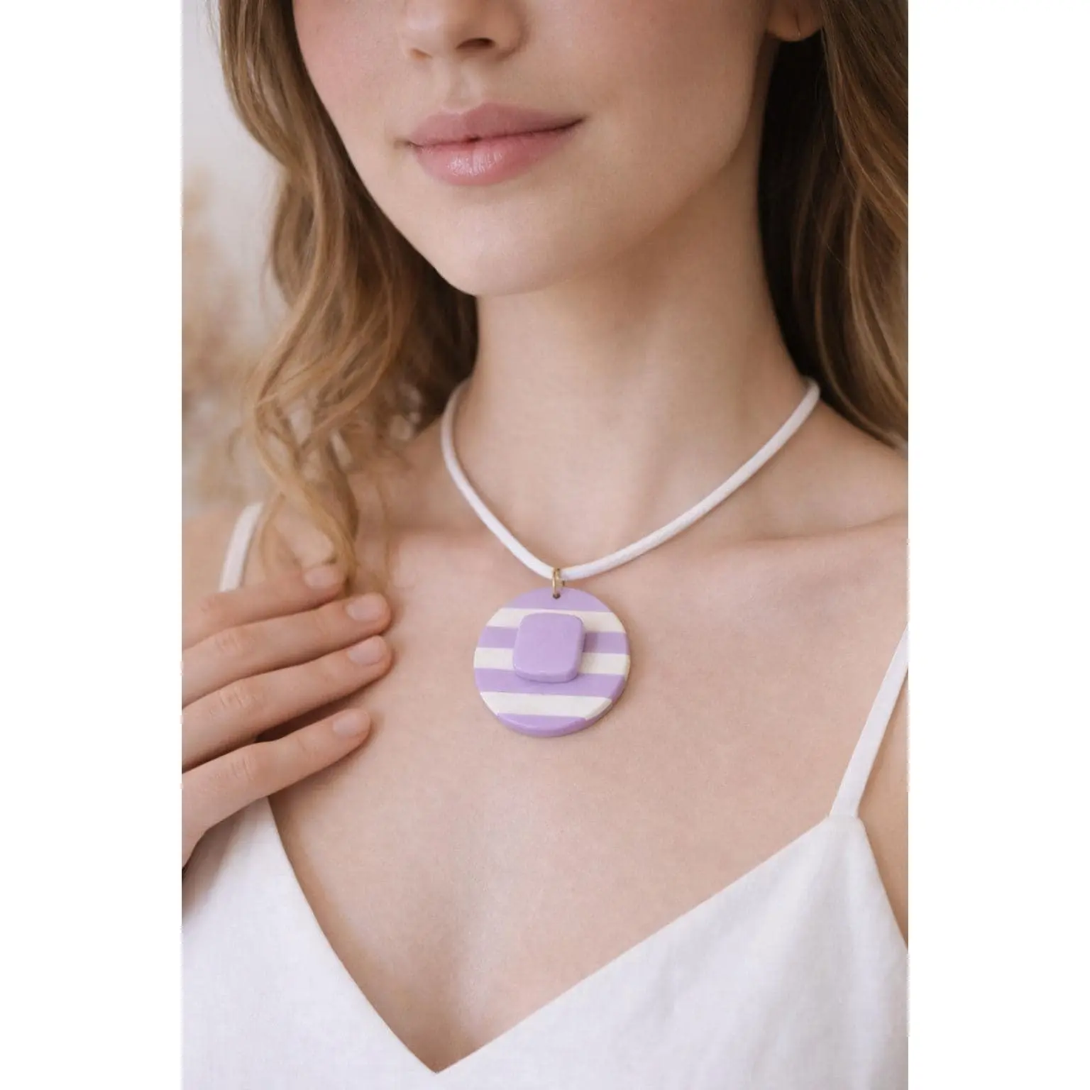 Lilac Striped Pendant Necklace, Polymer Clay Necklace, Minimalist Boho Jewelry, White Cord Necklace, Handmade Gift for Her, Modern Clay