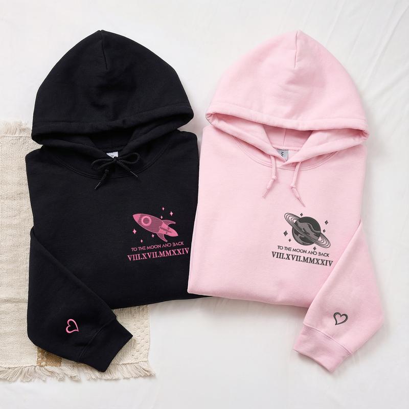Custom To The Moon And Back Embroidered Hoodies for Couple – Matching Couple Hoodie With Roman Numeral Date And Initials, Meaningful Valentine Anniversary Gift