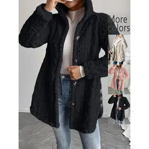 Plus Size 1 Piece Women's Fuzzy Hooded Cardigan, Cozy Casual Style, Textured Knit with Side Button Details, Super Soft & Warm for Layering, Suitable for Fall/Winter Daily Wear, Home Lounging & Casual Outings