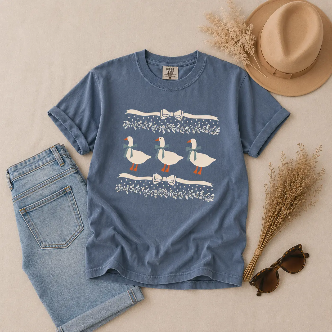 Comfort Colors 1980s Blue Ribbon Goose With Hearts Ugly T-Shirt, Original Shirt Bows and Adorable Doodle Hearts Animal Lover T-Shirt, Duck T-Shirt - TrendWear USA