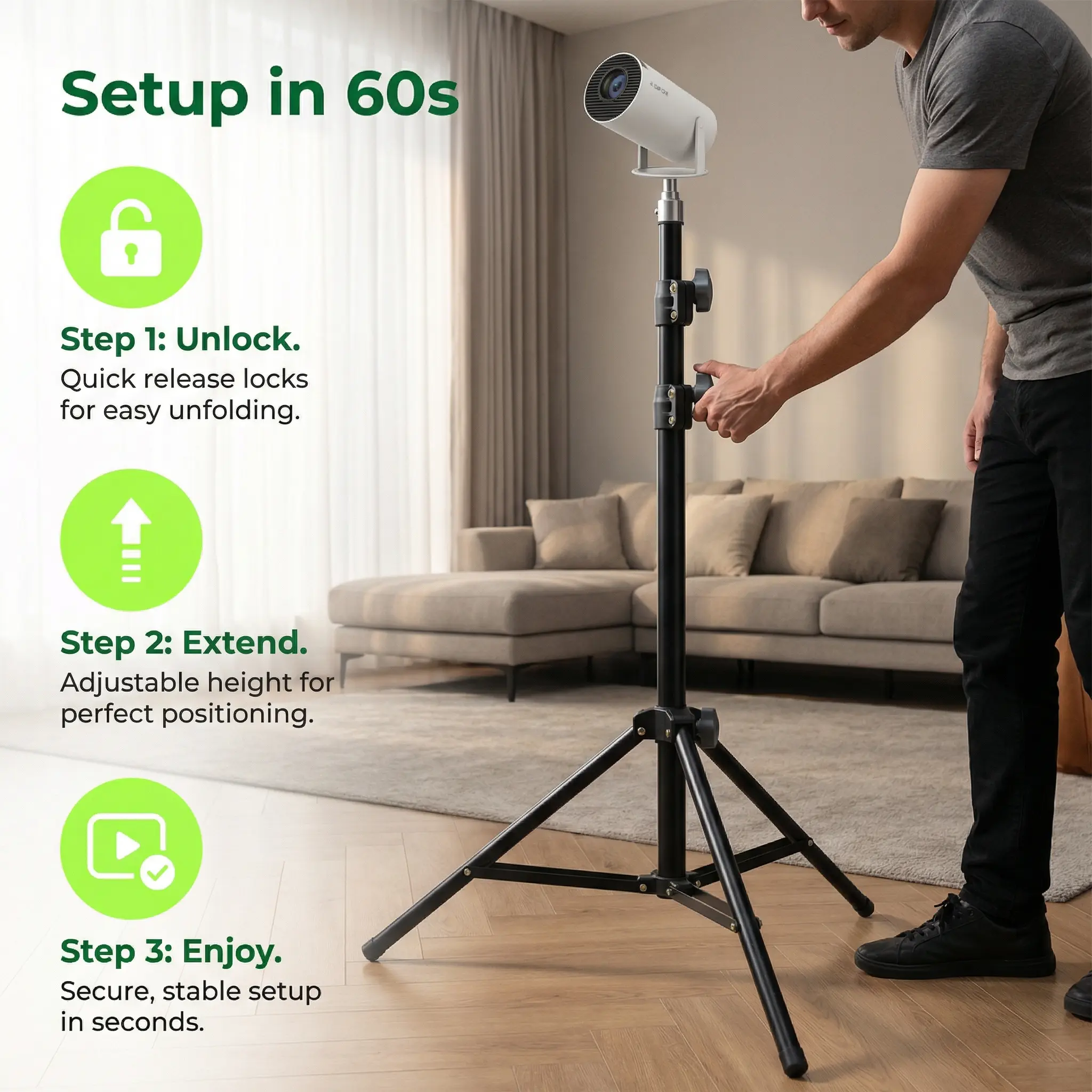iLEPO 3-in-1 Alloy Tripod Stand - Projector, Gimbal & Phone Holder, Floor-Standing Camera Accessory with 1/4 Screw Installation, 21in-63in Adjustable Height, Any Angle Adjustment Mount Bracket, Durable Portable for Living Room