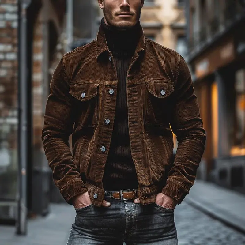 Men’s Vintage Corduroy Trucker Jacket, Button Front Shirt Jacket with Chest Pockets, Regular Fit Casual Coat for Fall Commute, Streetwear & Daily Wear