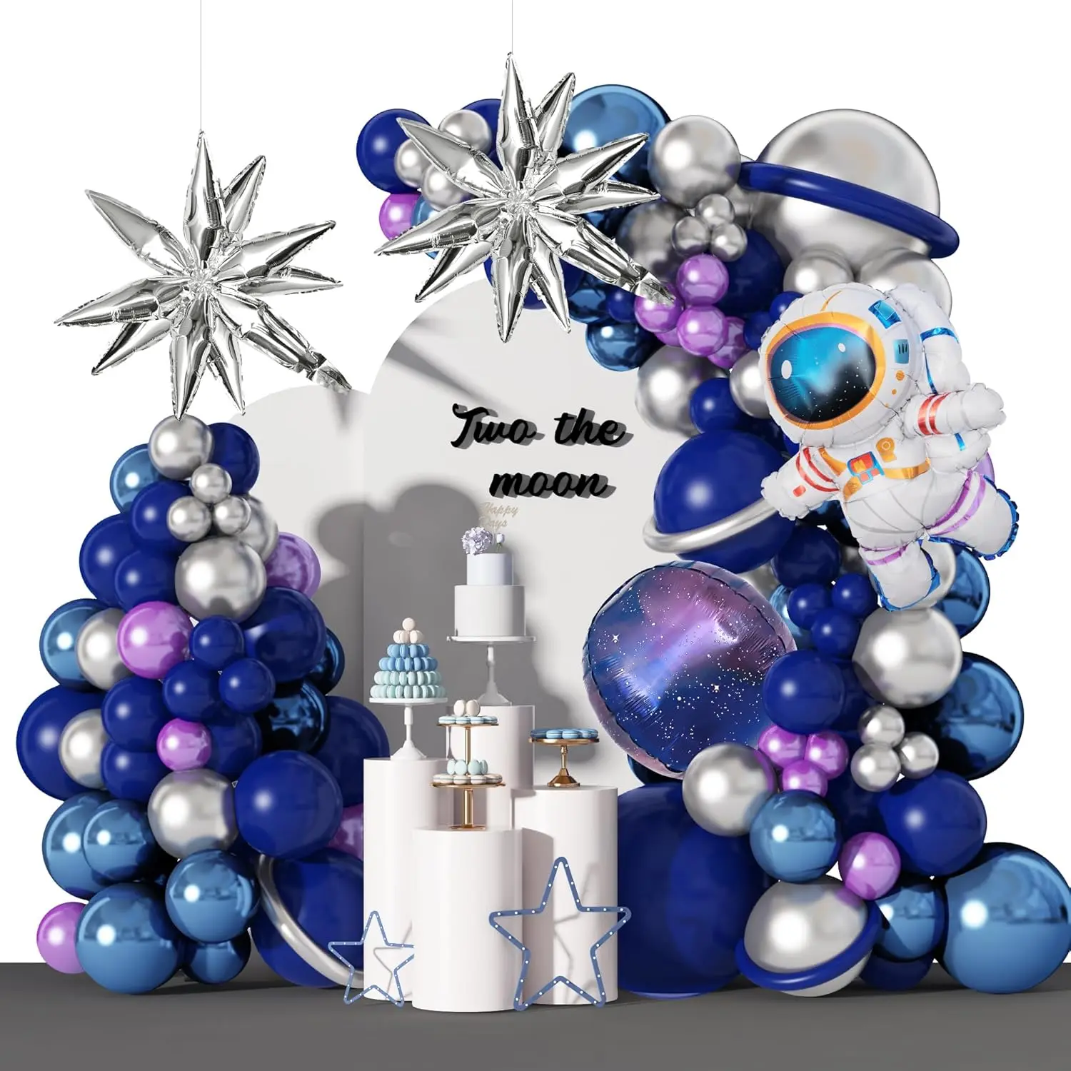 139Pcs Space Balloon Garland Kit with Blue, Purple & Silver Arch for Boys’ Outer Space Birthday Decor