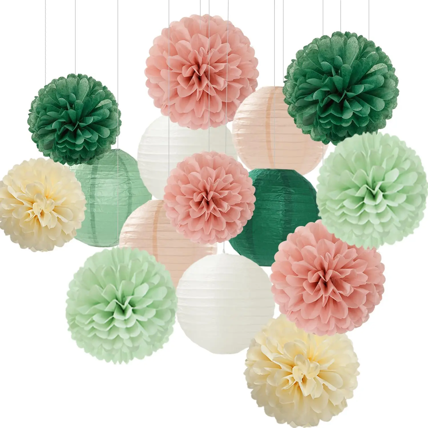 Sage-Green Pink Party-Decorations Paper- Lanterns - 15 count Birthday Boho Rustic Tissue Pom Poms Streamers, Shower Neutral Wedding Graduation Bridal Safari Hanging Supplies Decor