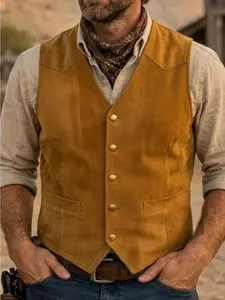 Men's Suede Leather Vest Cowboy Western Waistcoat Casual Slim Fit Suit Vest