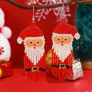 2024 New Handmade Christmas Tassel Earrings Boho Rice Bead Santa Claus & Christmas Tree Earrings Personalized Original Holiday Jewelry Christmas Gift