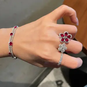 Two For One!!! Adjustable opening ring  Scarlet Ruby Ring Plated 18K Gold Flower Zircon Sparkling Diamond Flower Ring