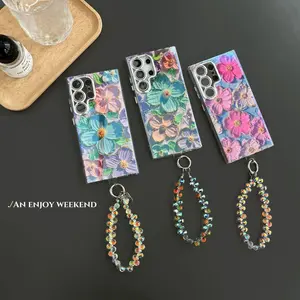 Blue Flower Oil Painting Green Purple Flower Fashion Phone case For S25 Ultra/S24/S23/S22 Plus,For Z Flip 7/6/5/4/3 Z Fold 7/6/5/4/3,For iPhone 16 Pro Max/15/14 Pro Plus phone case Fall Resistant phone case-hlk15