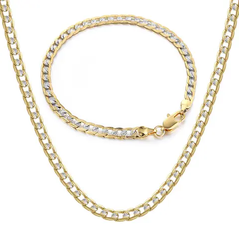 4mm Jewelry Set Flat Hammered Curb Cuban Link Chain Necklace Bracelet For Men Women Male Necklace Fashion Jewelry Valentine Birthday Anniversary Gift