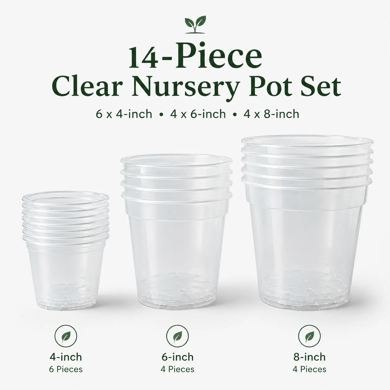 14-Piece Clear Nursery Pot Set | 4, 6 & 8 Inch Plastic Plant Pots with Drainage Holes for Repotting, Propagation & Houseplants