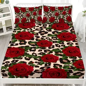 Fitted Sheet 3-Piece Set - 2D Flat Printed Leopard Print with Red Rose Pattern Mattress Covers, Available in 10 Sizes (1 fitted sheet + 2 pillowcases, no insert). skin-friendly and breathable bedding, suitable for family bedrooms .