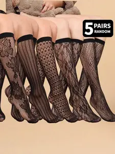 5 Pairs of Randomly Selected Women's Fitted Mid-Calf Socks Women's Lace Openwork Geometric Knee-High Socks Unique Design, Y2K Trend, Fashion, Womenswear
