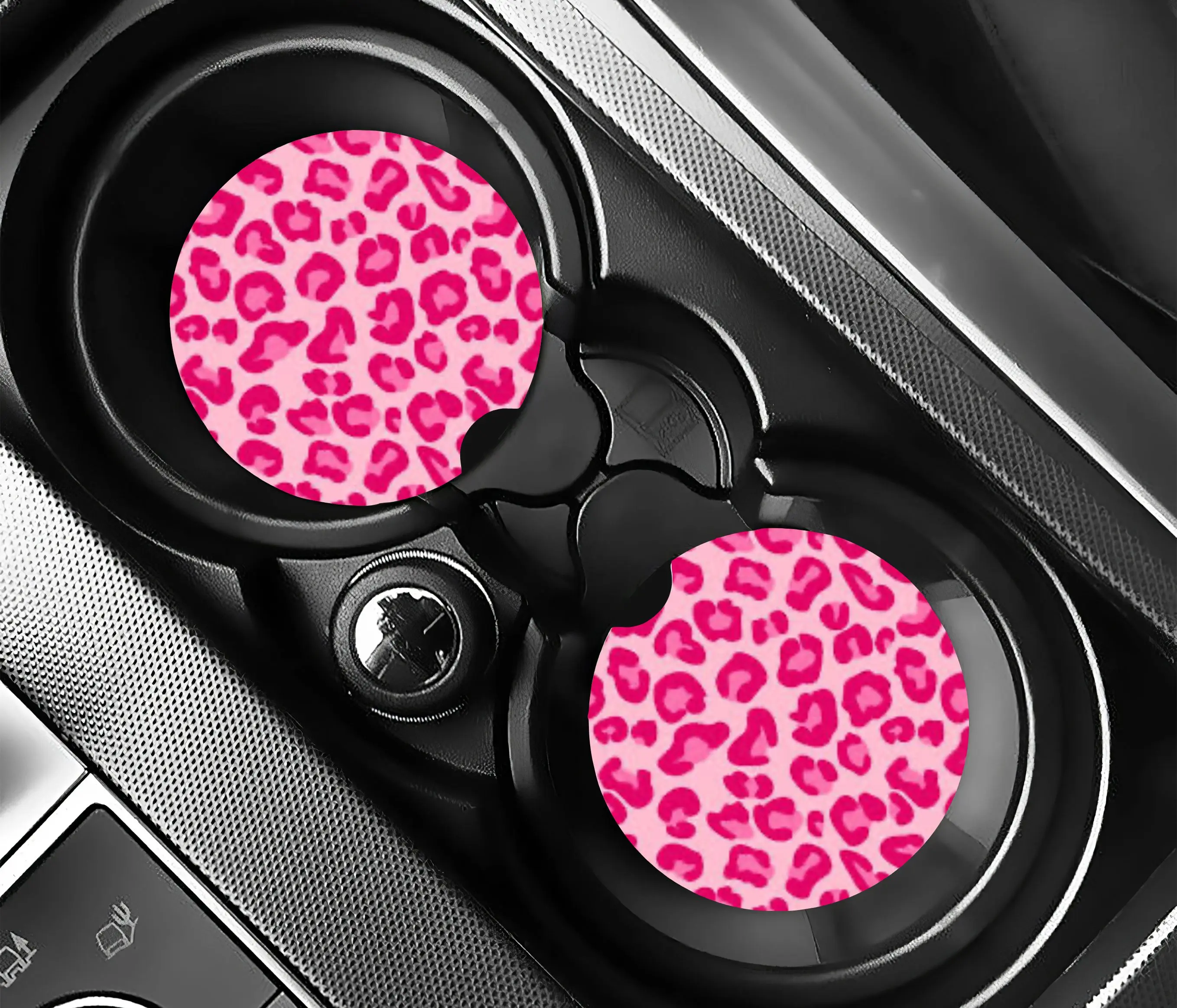Pink Cheetah Print Car Coasters  Set of 2 - Durable Design with Black Color, Soft Rubber Base, Concave & Convex Anti-Slip Textures, Ideal for Gift Use