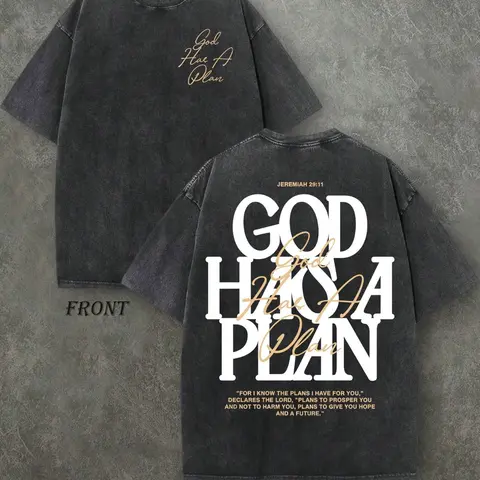 Men's Vintage Washed T-Shirt, Short Sleeves, Dual-Sided Graphic Print, 230 Pure Cotton Material, God Has His Own Plan Letter Print, Casual Street Style, Loose, Baggy, Streetwear, Menswear, Casual Tee
