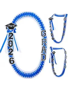 2026 Graduation Leis for Him & Her, Hand-Woven Blue Braided Ribbon Lei with GRAD Letter & Grad Cap Charm, Adjustable Money Lei Equipped with Safety Pins, Class of 2026 Graduation Ceremony Decor, Party Favors & Keepsake Gift